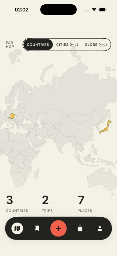 Farhop's atlas: the world drawn country by country, with visited countries filled in.