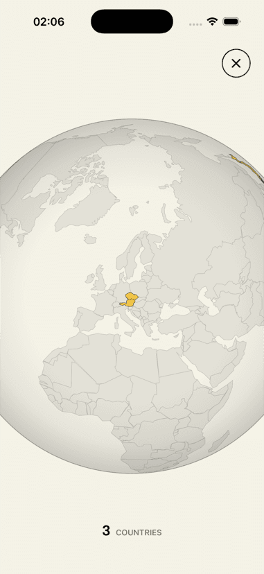 Farhop Rewind mid-flight: the globe turned to Europe, one country lit, the counter reading three countries.